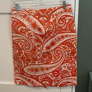 J. Crew Orange and White Paisley Pencil Skirt